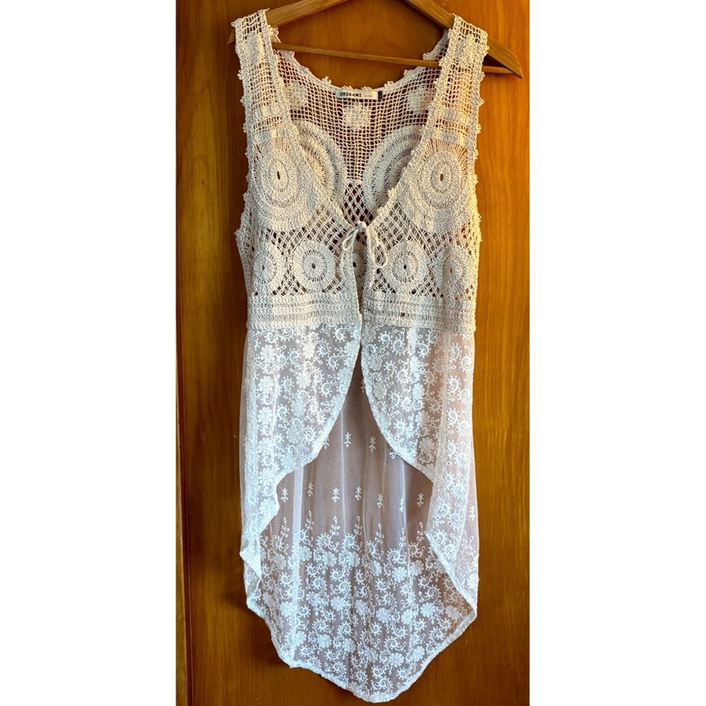 Origami Crochet Knit Duster Cardigan M/L Festival Hippie Lace Open Front Boho